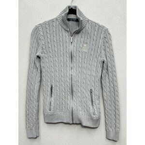 Lauren Ralph Lauren Cable Knit Sweater Women’s XS Gray Full Zip Monogram Logo